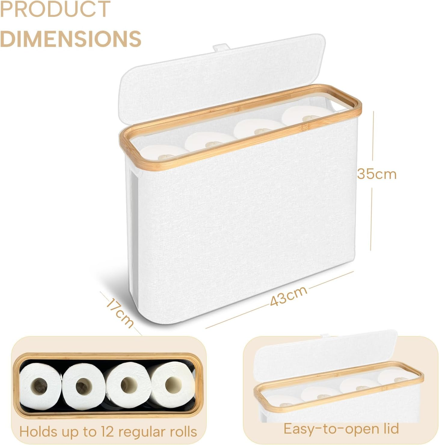 FYL Toilet Roll Storage, Toilet Paper Storage, Portable Foldable Water-Repllent Bamboo Toilet Paper 12 Rolls Holder Storage with Handle for Bathroom (White) - Black image number 7