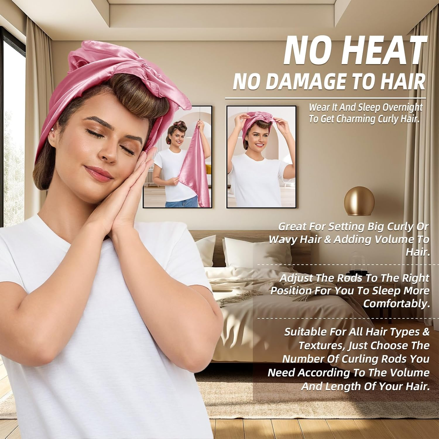 Heatless Curls Overnight Rods Jumbo Set, Heatless Hair Curler Velvet Satin Jumbo Flexi Rods to Sleep In, No Heat Overnight Sleeping Blowout Curls Wave Styling Tools with Silk Scarf 4Pcs Dark Pink