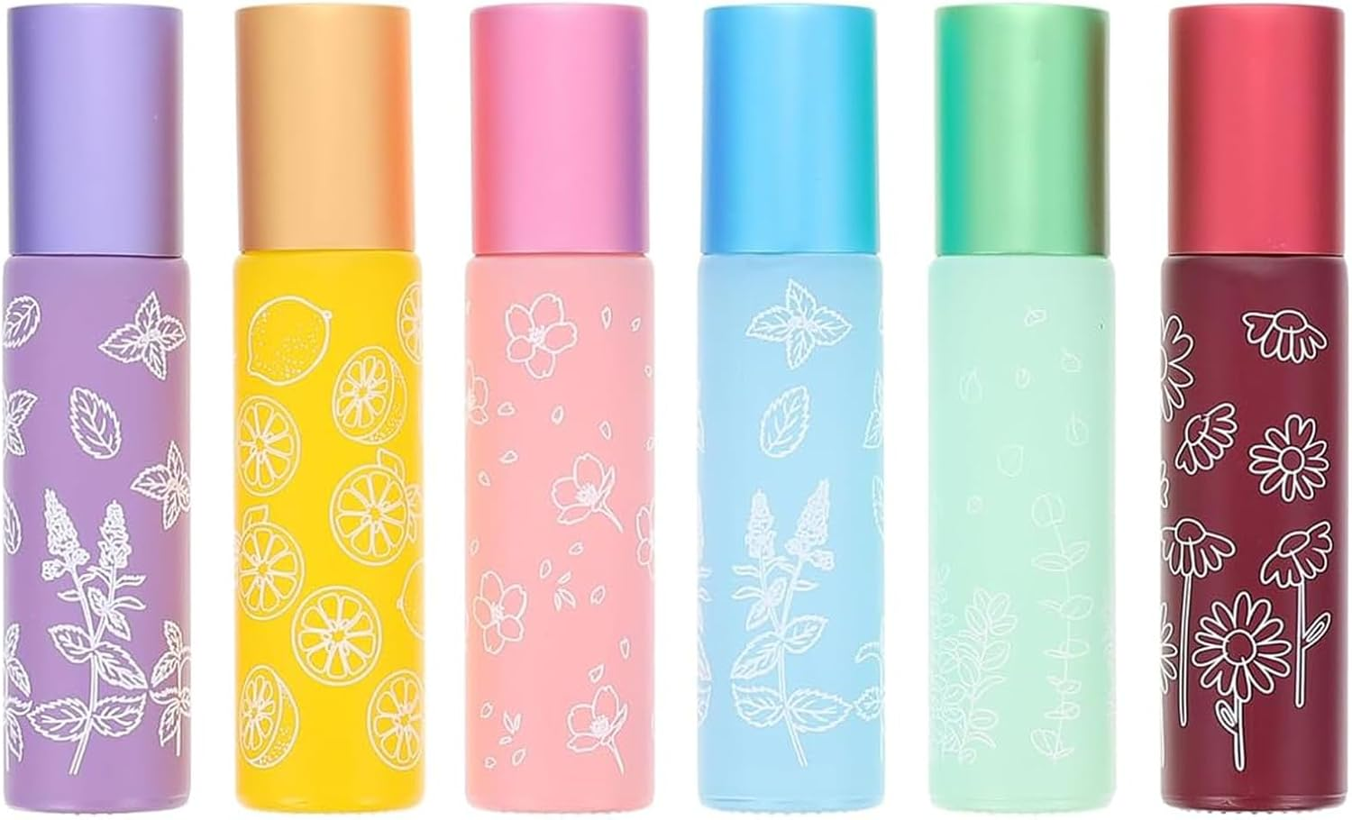 Fokmuaex 6Pcs Printed Roller Bottles for Essential Oils - Portable Refillable Containers for Perfume, Aromatherapy & Travel Use image number 1