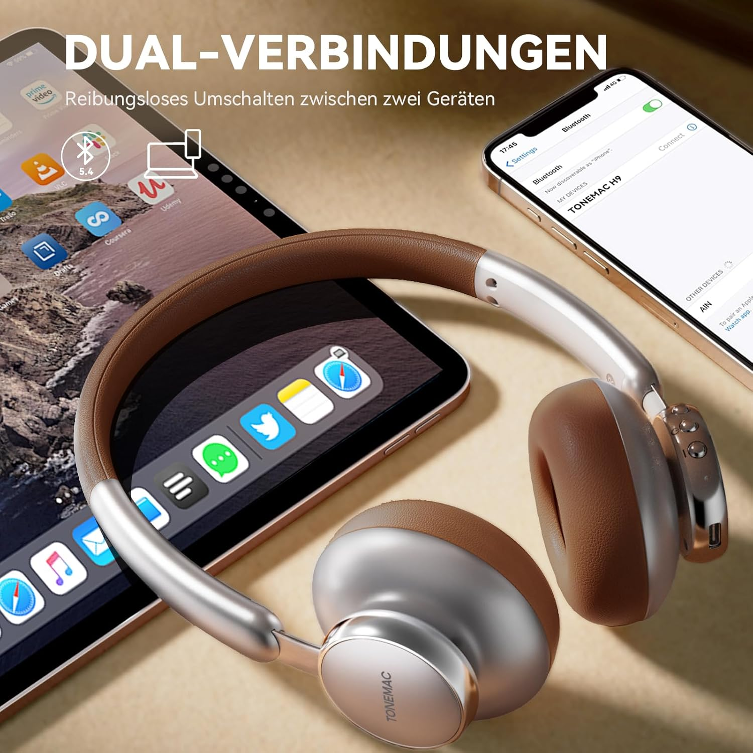 TONEMAC H9 Wireless Headphones, Bluetooth 5.4, Built-In Microphone, 80 Hours Playtime, Brilliant Style, Gaming Mode, Noise Isolation, Retro Rock Style, 36Mm Deep Bass Headsets, Brown image number 6