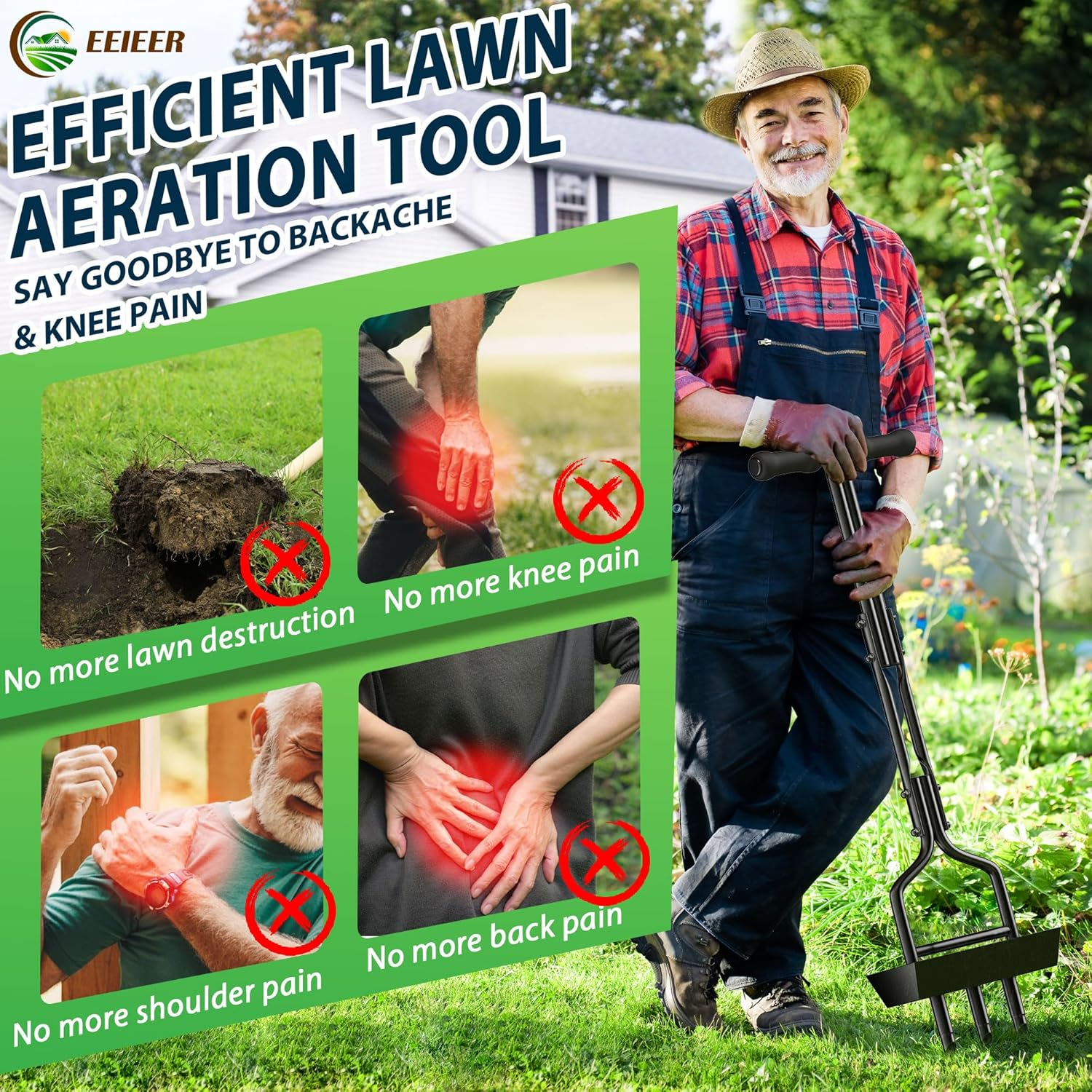 EEIEER Lawn Aerator Coring Tool, Manual Aerator Lawn Tool with Soil Storage Basket, 3 Core Tines Yard Aeration Tools with Cleaning Tool, Plug Aerator for Compacted Soil & Lawn Care image number 5