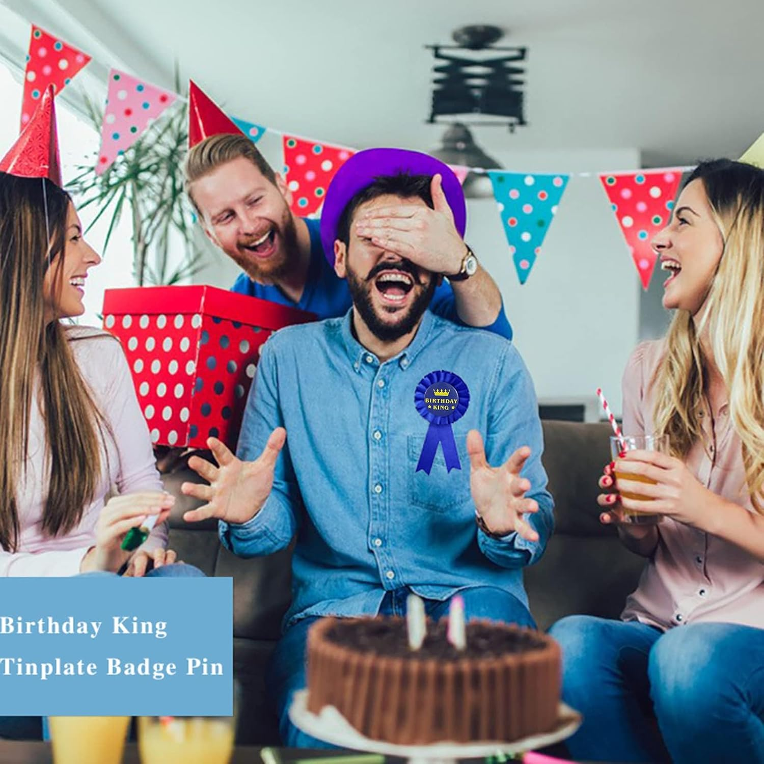 Birthday King Award Ribbon,Blue Satin Fabric Birthday Men Tinplate Badge Pin,Happy Birthday Party Accessory Brooch Pins,Happy Birthday Boy Party Button Pins（Blue）