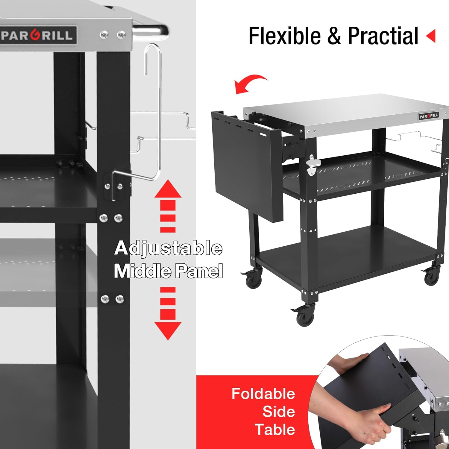 46.6" L X 20" W Three-Shelf Outdoor Grill Table, 4 Swivel Casters with Brake, Movable Outdoor Prep Table with Foldable Side Table, Stainless Steel Pizza Oven Table, BBQ Grilling Table image number 1