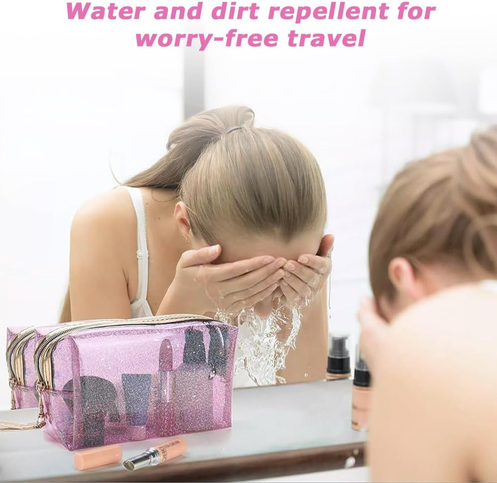 MOTRAIN 4-Pack Clear PVC Zippered Toiletry Bags with Handle Straps, Waterproof Cosmetic & Makeup Travel Organizer for Bathroom, Vacation & Storage image number 3