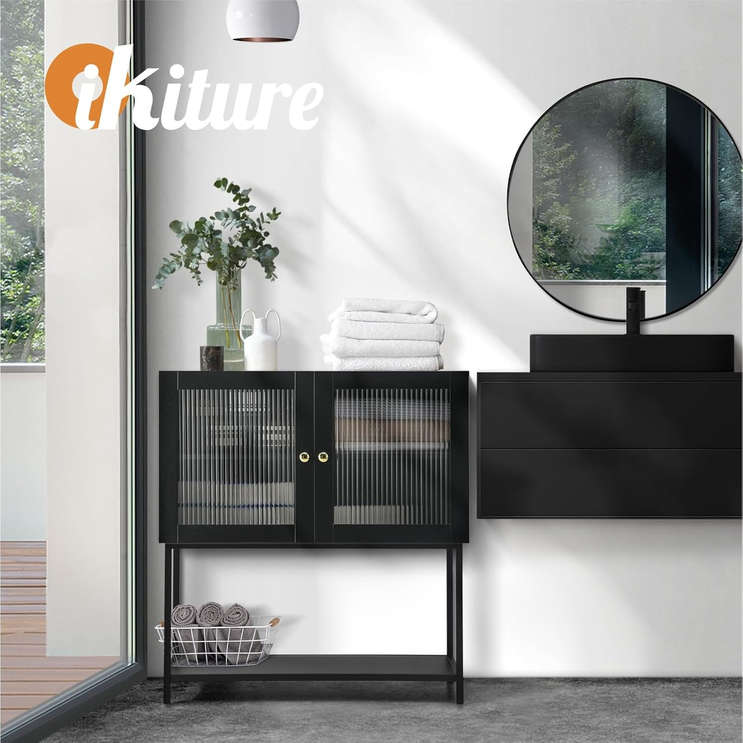 Oikiture Bathroom Cabinet with Tempered Glass Door Storage Floor Cabinet Cupboard Black image number 5