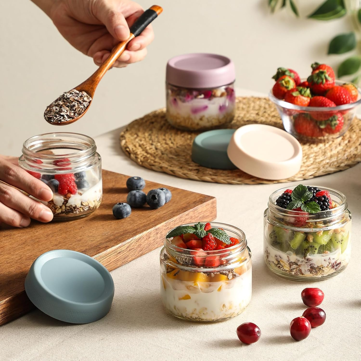 Small Glass Jars for Overnight Oats Salad Yogurt Pudding Cereal Candy Snacks Storage Containers Meal Prep Mason Jar with Airtight Lids,6 Pack image number 6