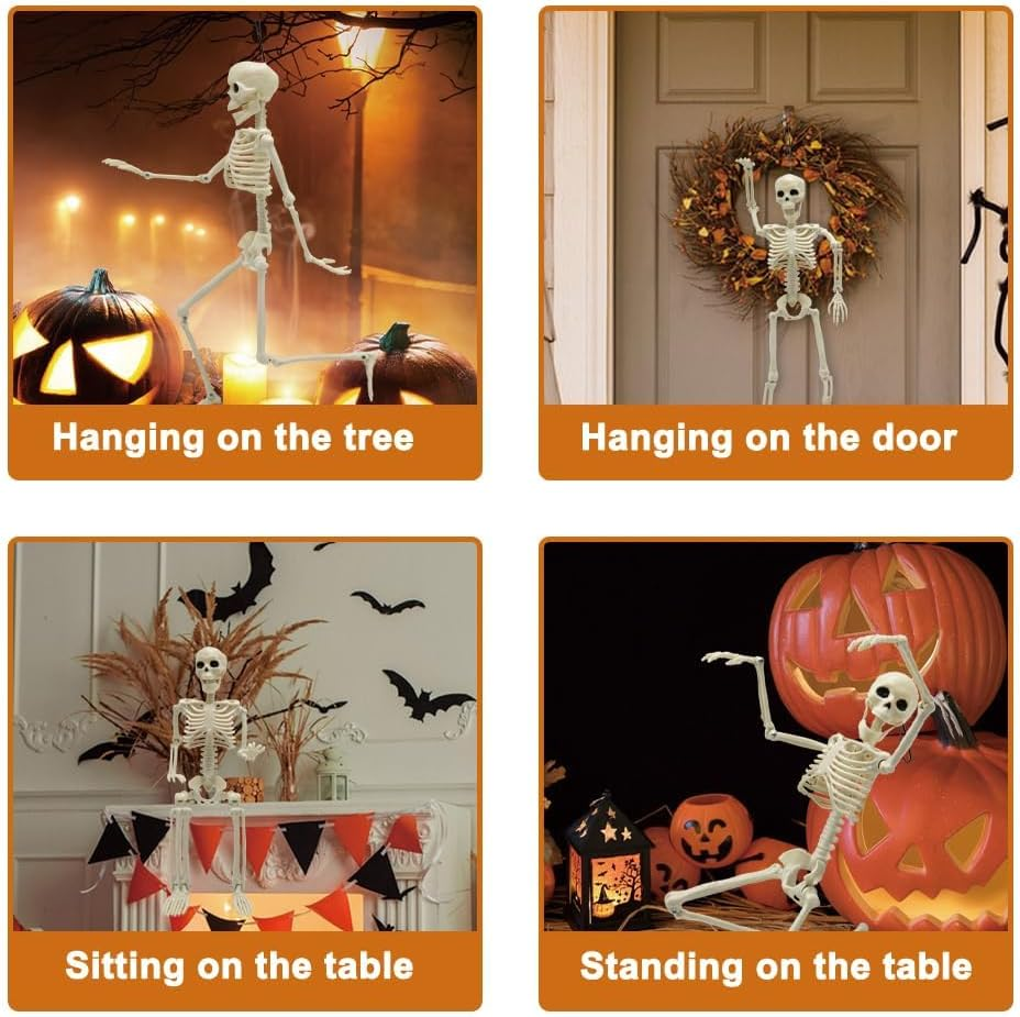 2 Pcs Halloween Skeleton Decorations, 16 Inch Full Body Skeletons Realistic Human Plastic Bones with Posable Joints, Hanging Spooky Skeletons for Halloween Indoor Outdoor Party Home Decor image number 4