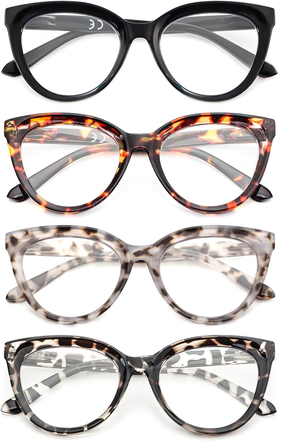REAVEE 4 Pack Fashion Oversized Cat Eye Reading Glasses for Women, Large Cute Blue Light Blocking Readers Spring Hinge