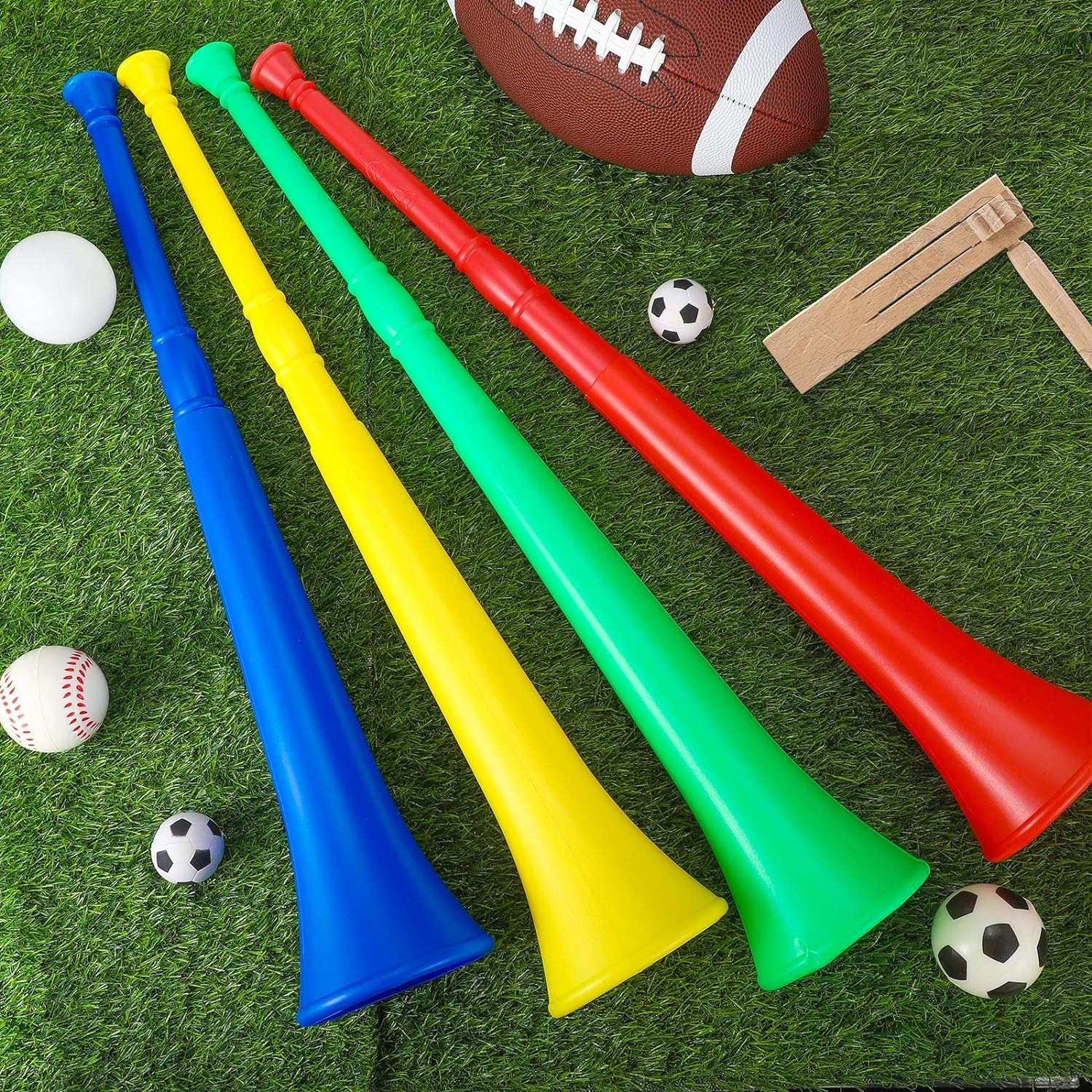 Outus 8 Pcs Noise Makers Includes 4 Pcs Matracas Wooden Ratchet Noise Maker 4 Pcs Vuvuzela Air Horn Collapsible Plastic Blow Horn Stadium Horn for Sporting Events Party Favor image number 2