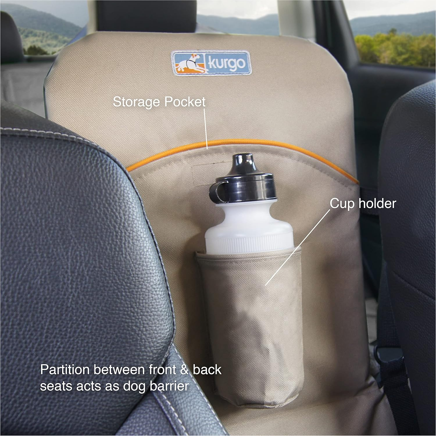Kurgo K01137 Dog Backseat Bridge Car Extender| Padded Pet Car Barrier | Reversible | Water Resistant | Universal Fit | Cup Holder and Pocket | up to 100 Lbs | Black/Hampton Sand Khaki image number 1