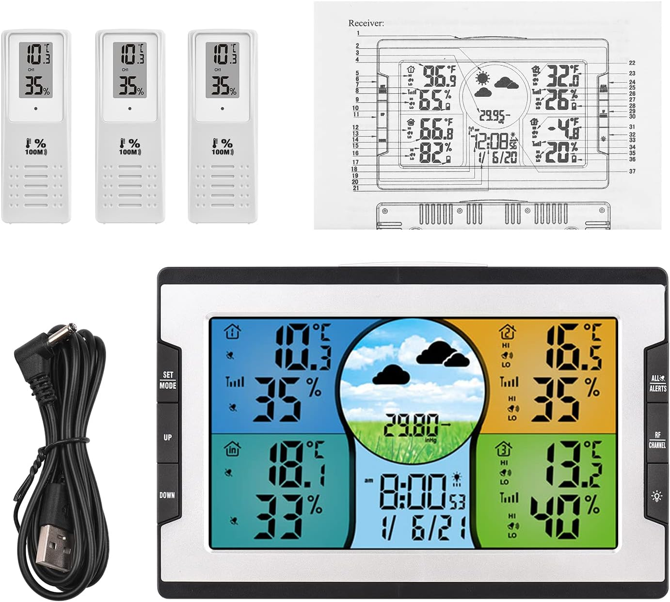 Digital Weather Station with 3 Remote Sensors 328Ft/ 100M Indoor Outdoor Temperature Humidity Monitor Alarm Clock with Snooze Thermohygrometer with Weather Forecast/Pressure/Backlight/Date/Week/ image number 6