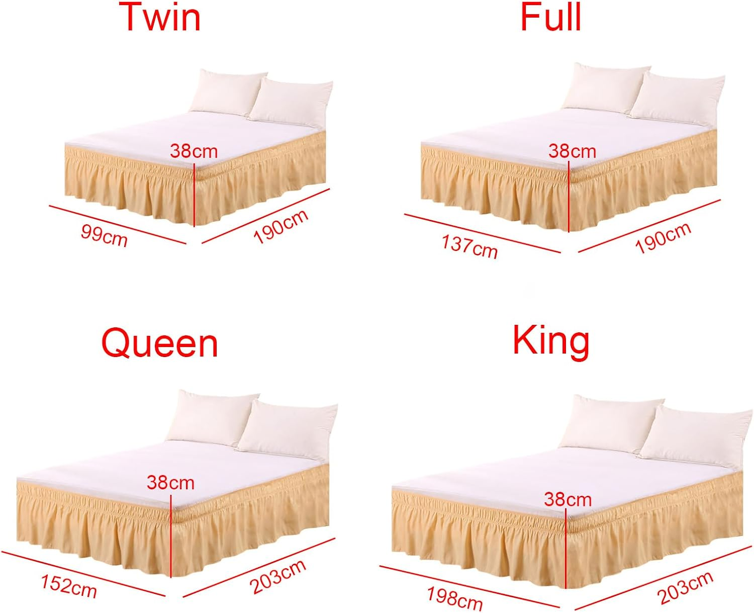 Wrap around Bed Skirts for Beds Drop, Adjustable Elastic Dust Ruffles Queen King Full Twin Bedskirts Machine Washable (Beige, Full)