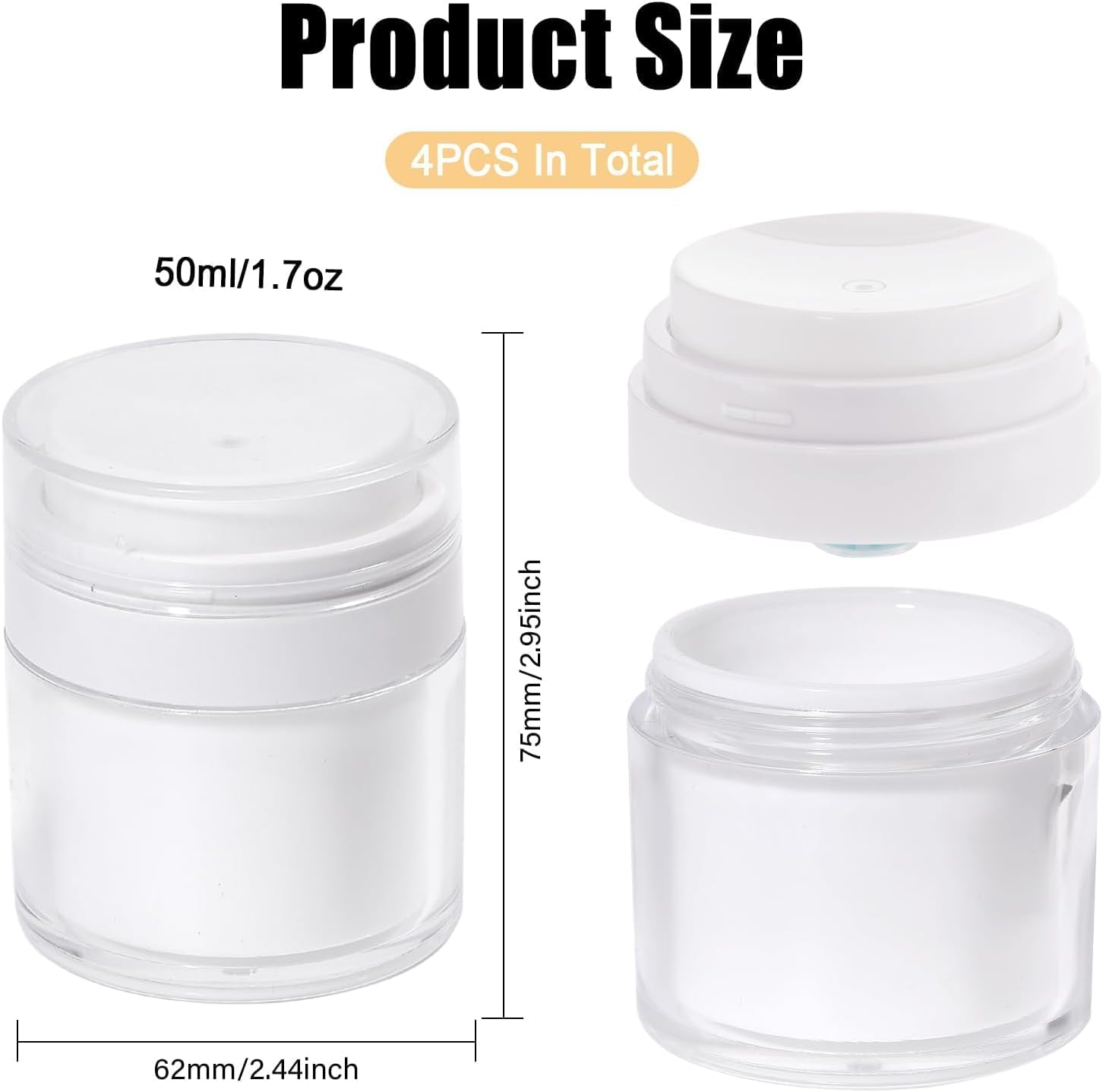 Airless Pump Dispensing Jar, 2 Pack 50Ml Refillable Cosmetic Cream Container, Airless Pumps Jars Empty Acrylic Cream Container, Empty Refillable Cosmetic Air Pump Jars