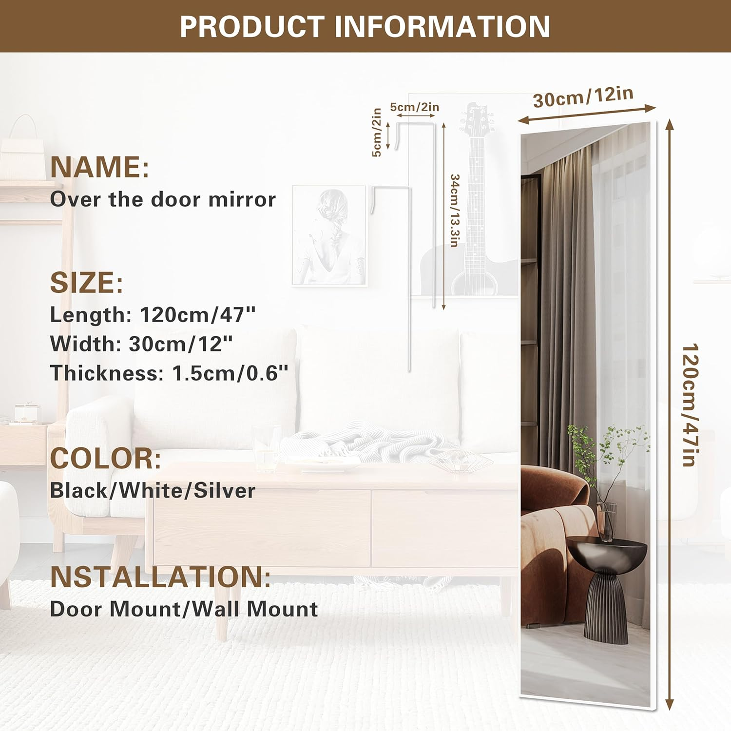 ANYHI over the Door Mirror, 120X30Cm Wall Mirror Full Length, White Mirror Full Length, Door Hanging Mirror, Full Body Mirror for Door, Wall Mounted Mirror for Bedroom Bathroom image number 6