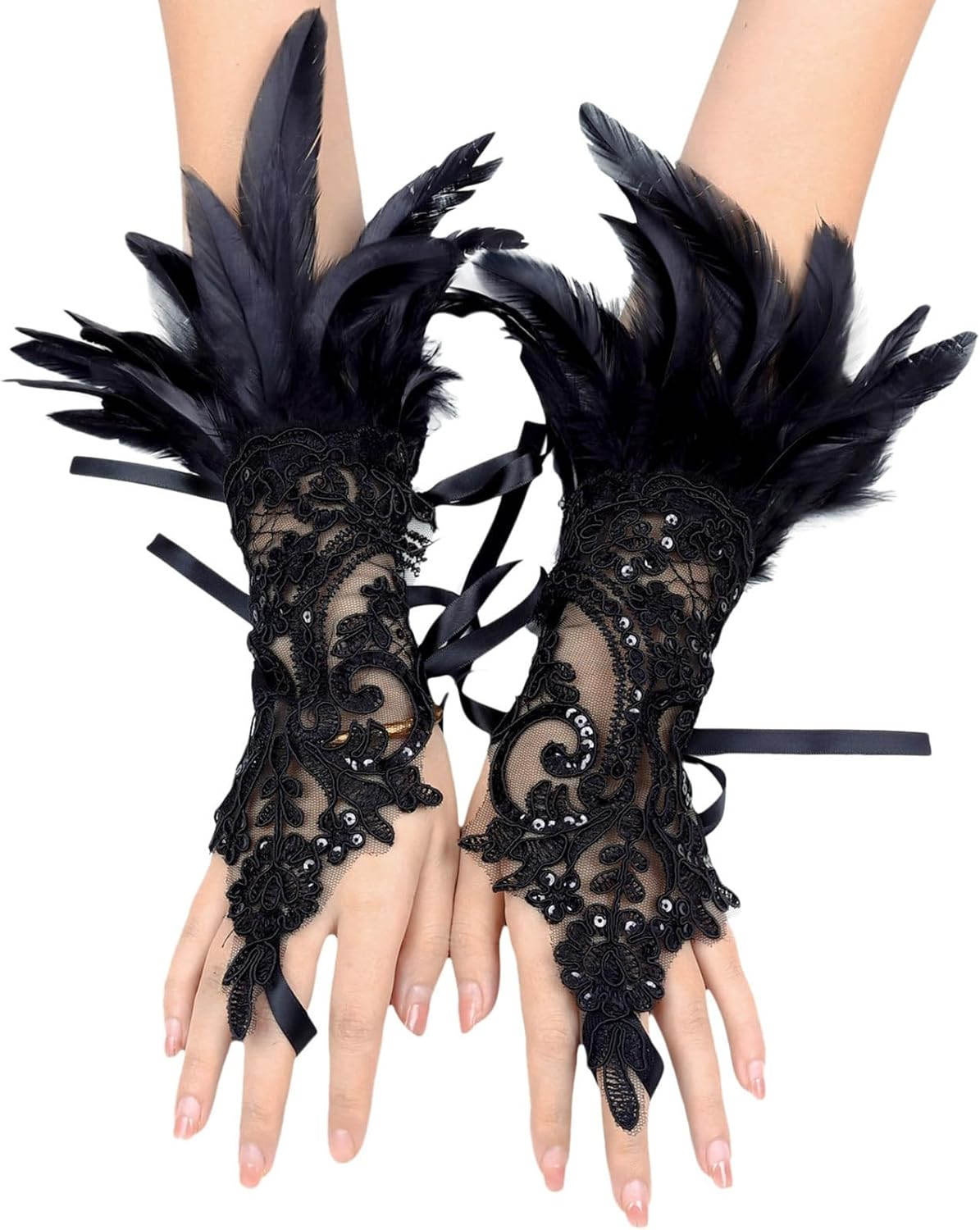 Generic Lace Feather Gloves for Women Witch Angel Costume Accessories Swan Wings Wrist Bands 1920S Sexy Black Gloves