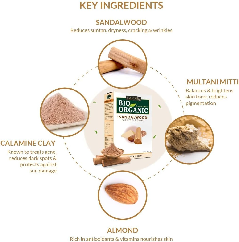 INDUS VALLEY Bio Organic Sandalwood Face Pack Powder Santalum Album, Chandan Powder for Face and Skin Care, (Face Glowing & Tan Removal Face Pack 200Gm)