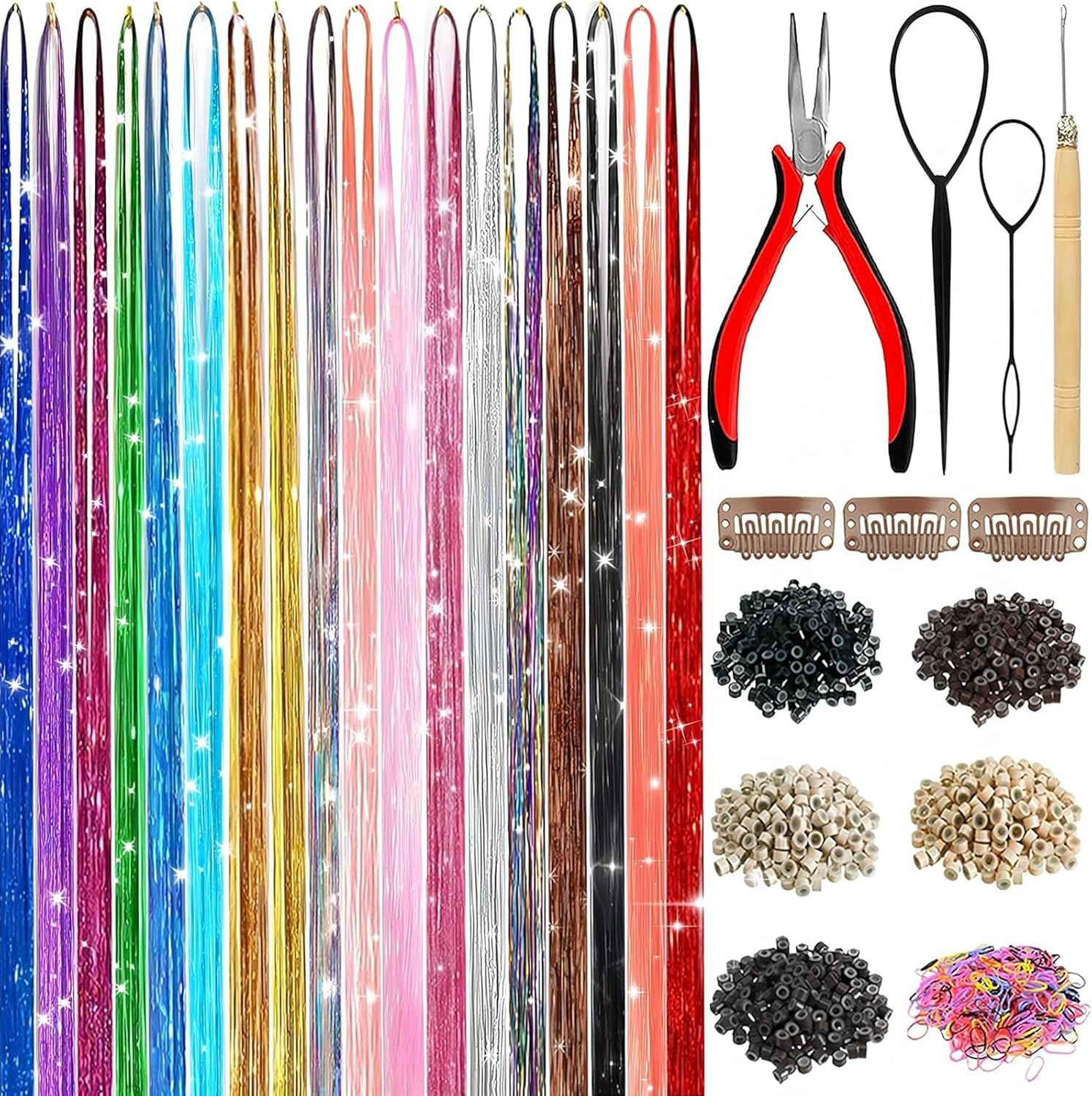 Weidllys Hair Tinsel,18 Colors Hair Tinsel Kit for Girls 7600 Strands Fairy Tinsel Hair Extensions Holographic Hair Tinsel Heat Resistant Colored Hair Glitter Christmas Party Festival (18 Colors) image number 5