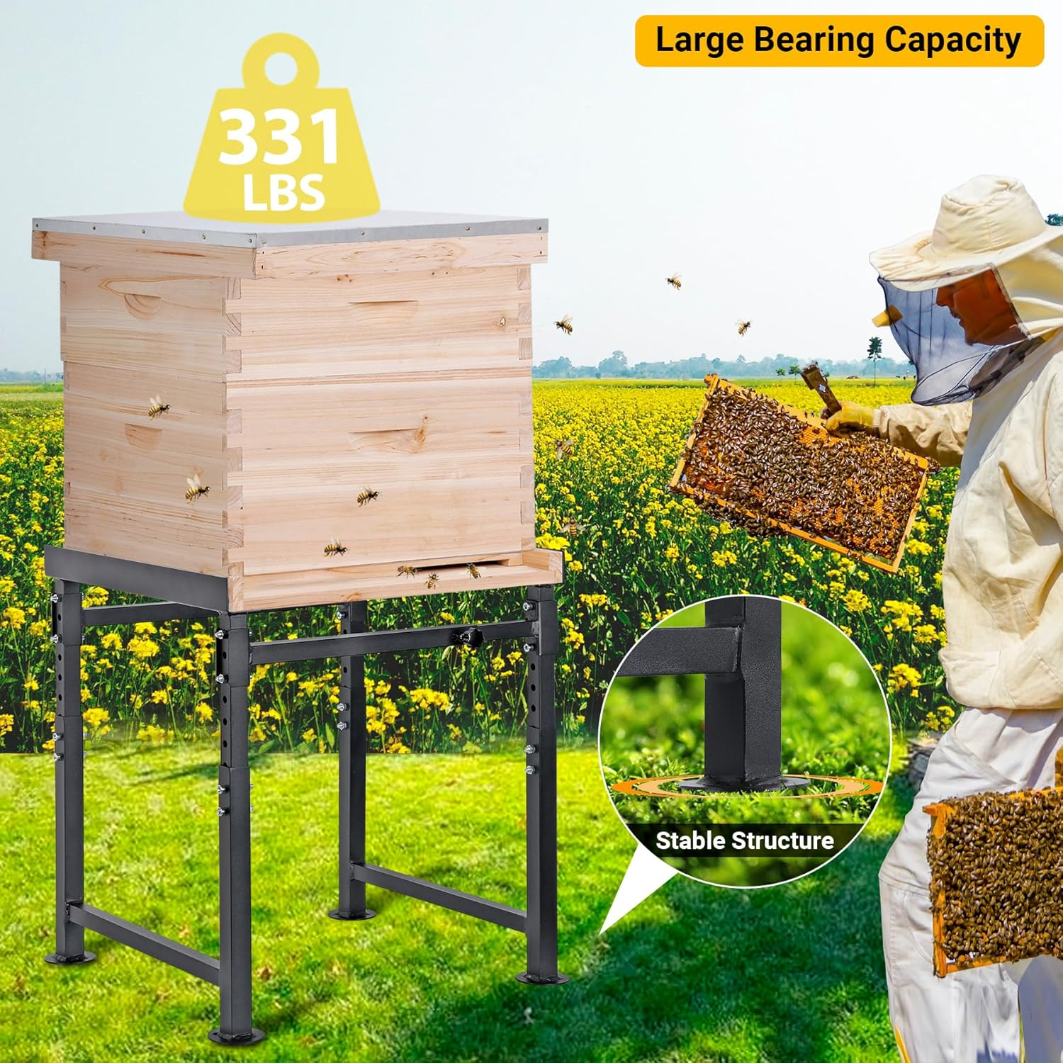 Adjustable Metal Hive Stand, Sturdy Beehive Stand Adjustable Height 15&rdquo; - 19&rdquo; & Adjustable Width 14.5&rdquo; - 24.5&rdquo;, Easy to Assemble Bee Stand for Beekeeping image number 3