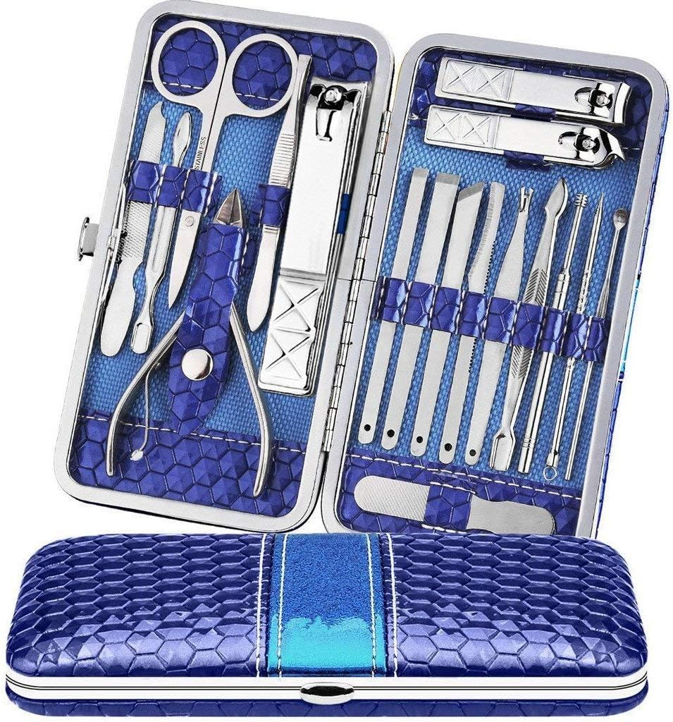Teamkio Nail Clipper, Classic Style, Blue, Stainless Steel, 18Pcs, Travel Hygiene Kit with Leather Case image number 2