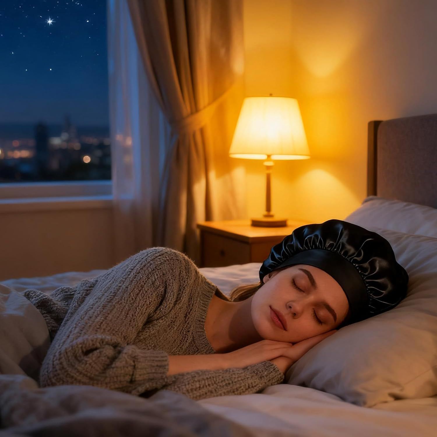 Bamyli Bonnet Satin Hair Cap & Sleep Cap, Satin Bonnet for the Night Soft and Adjustable with Elastic Band Ideal as Hair Cap for Women and Girls, Breathable and Non-Slip image number 4