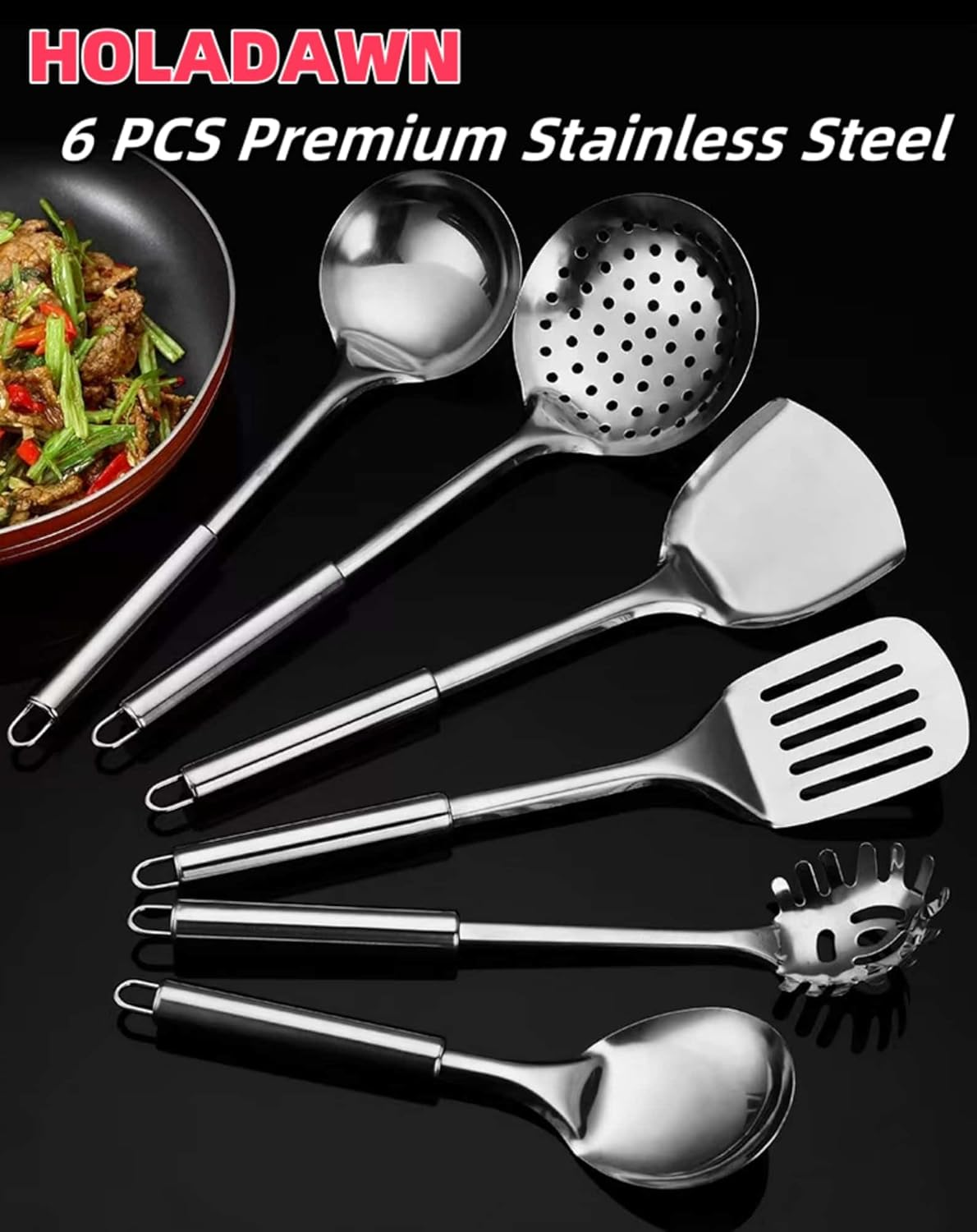 HOLADAWN Stainless Steel Kitchen Cooking Utensil Set - 6 Pcs Premium Serving Utensils with Spatula, Slotted Turner, Soup Ladle, Skimmer Spoon, Pasta Spoon, Serving Spoon image number 3