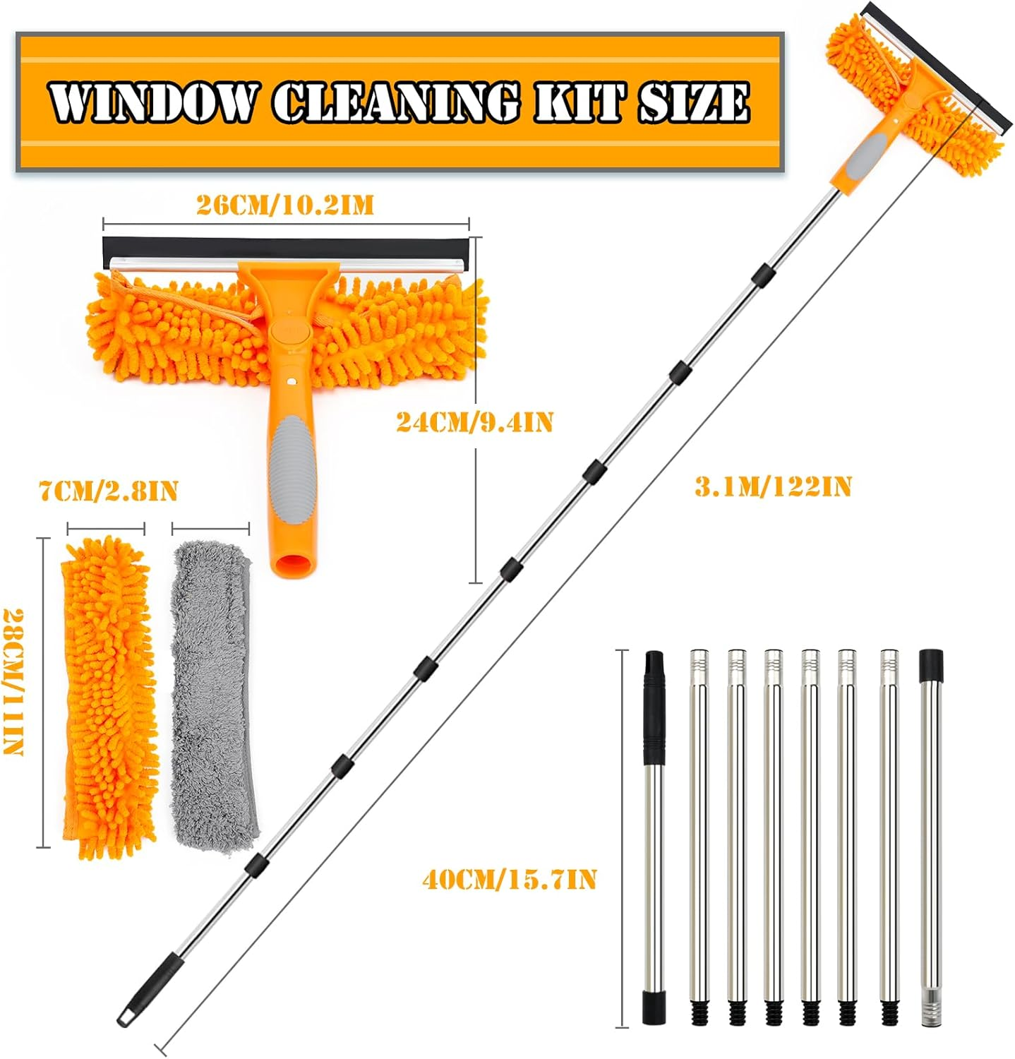 Lapluied 4M/157" Long Reach Window Cleaning Equipment, 3 in 1 Telescopic Window Cleaner, 270&deg; Rotating Squeegee Window Cleaning Kit with 10 Extendable Pole for Indoor/Outdoor High Window,Orange image number 5