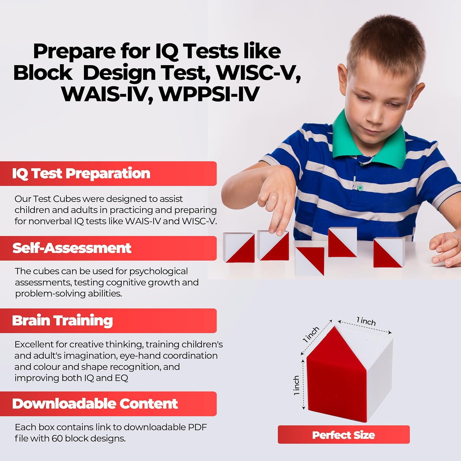 Prfcnl IQ Test Cubes (Natural Edition) &ndash; 9 Kohs Cubes, Practice for Block Design Test, WAIS IV, WPPSI and WISC V Tests image number 1