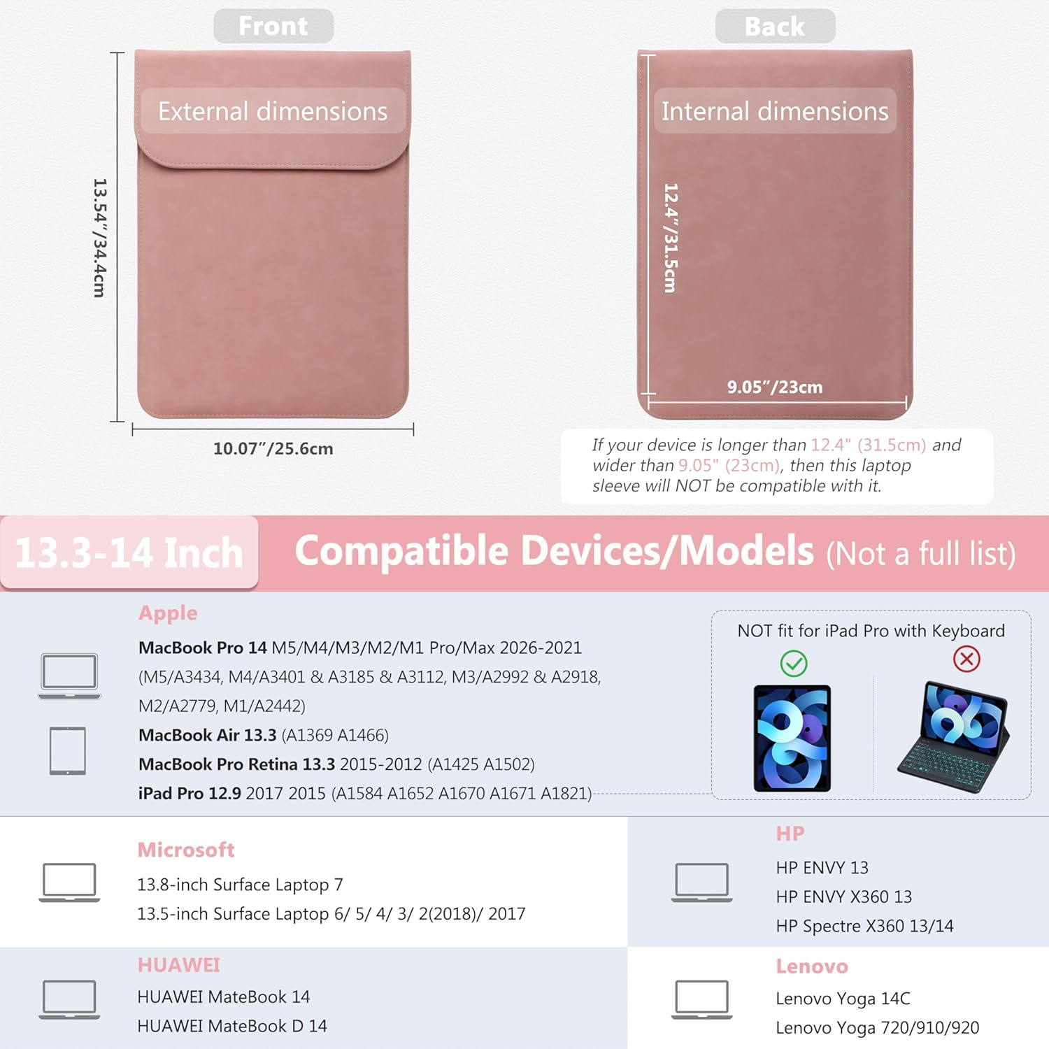 HYZUO 13.3-14 Inch Laptop Sleeve for Macbook Pro 14 M5/M4/M3/M2/M1 Pro/Max 2026-2021, 13.3" Macbook Air/Pro, 13.5-13.8 Surface Laptop, HP Envy 13, Faux Suede Leather Case with Pouch, Pink image number 6