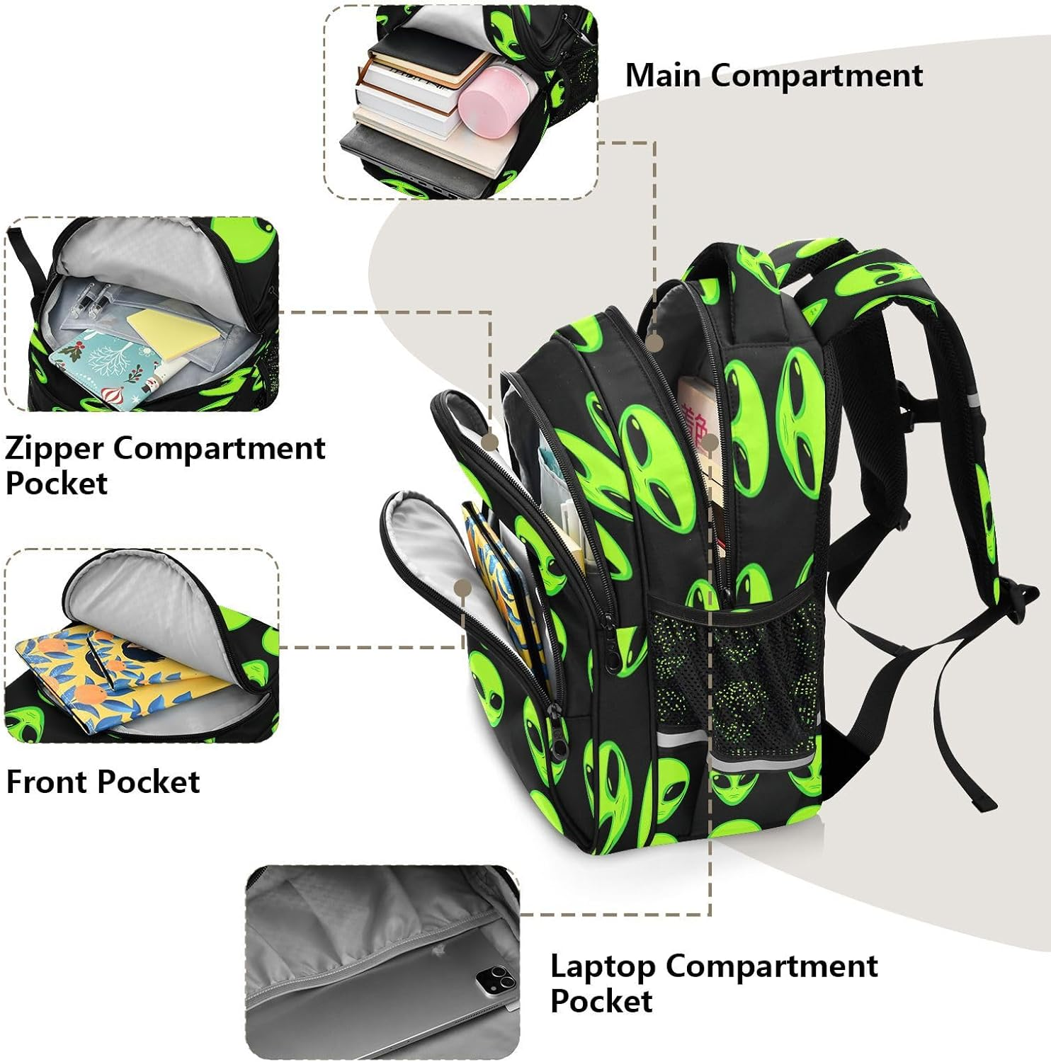 Green Aliens Black Kids School Backpack for Boys Girls Ages 8-14, Backpack for Boys Elementary School image number 5