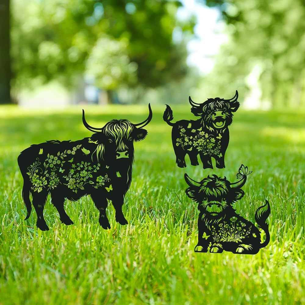 3PCS Outdoor Black Highland Cow Metal Silhouette Statues Garden Decor Sets, Outdoor Decor, Yard Art, Patio, Lawn Ornaments,Funny Outdoor Decor for Garden, Gifts for Women Men Highland Cow Lovers