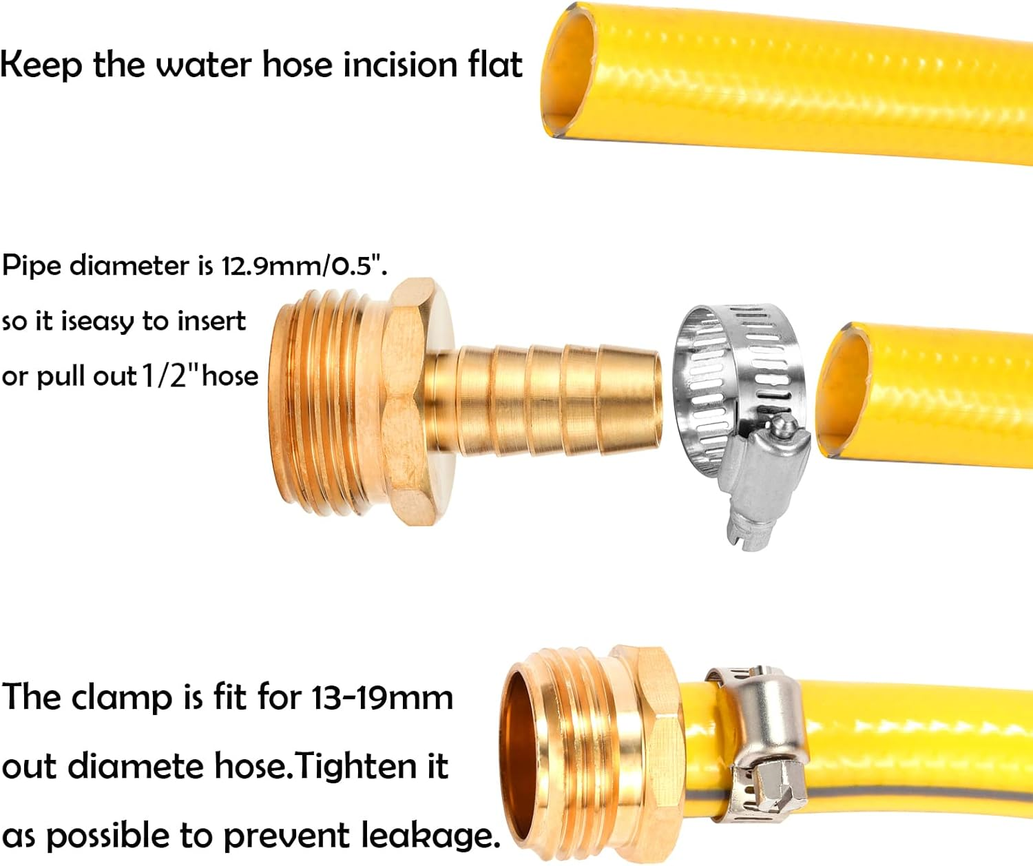 Brass Garden Hose Connector Repair Mender Kit with Stainless Clamp,Fits 1/2" Water Hose Fitting,2 Sets(1/2" Barb X 3/4" GHT) image number 3