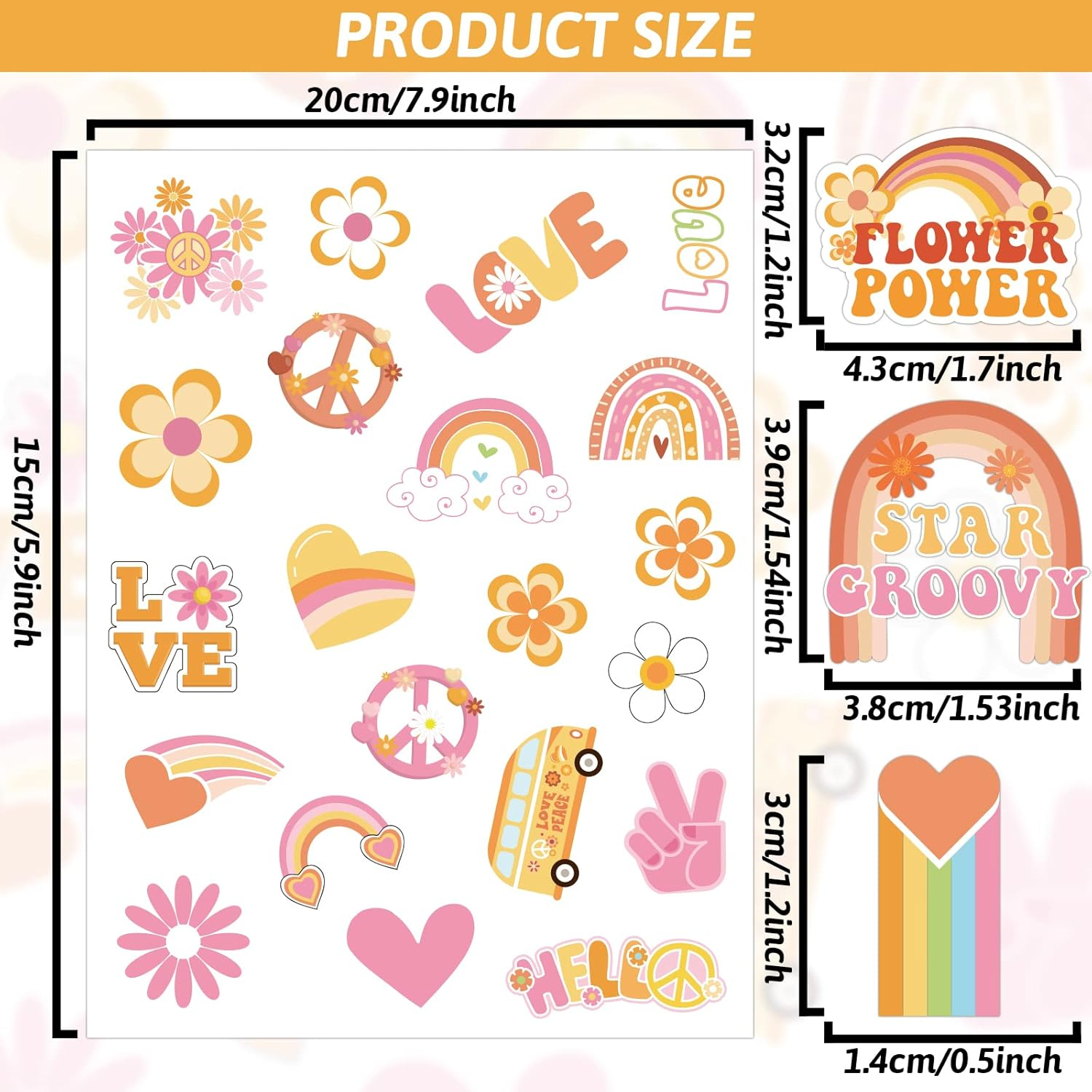 280Pcs Hippie Theme Temporary Tattoos Stickers 70'S Theme Tattoos Stickers Hippie Face Body Sticker for Adults and Kids Cute Cartoon Printing Groovy Assorted Groovy Party Supplies image number 2