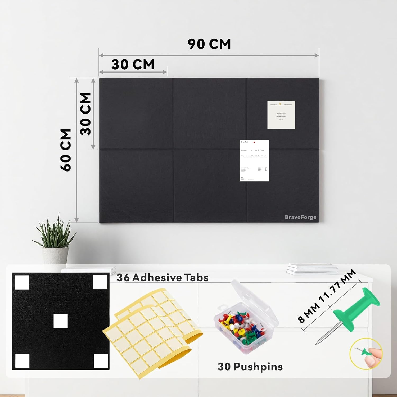 Large Felt Bulletin Board, 6 Pack 30 X 30 Cm Grey Pin Notice Board with 30 Pushpins and 36 Safe Removable Adhesive Tabs, Cork Boards Alternative, Felt Wall Tiles for Wall, Home, Office（Grey） image number 1