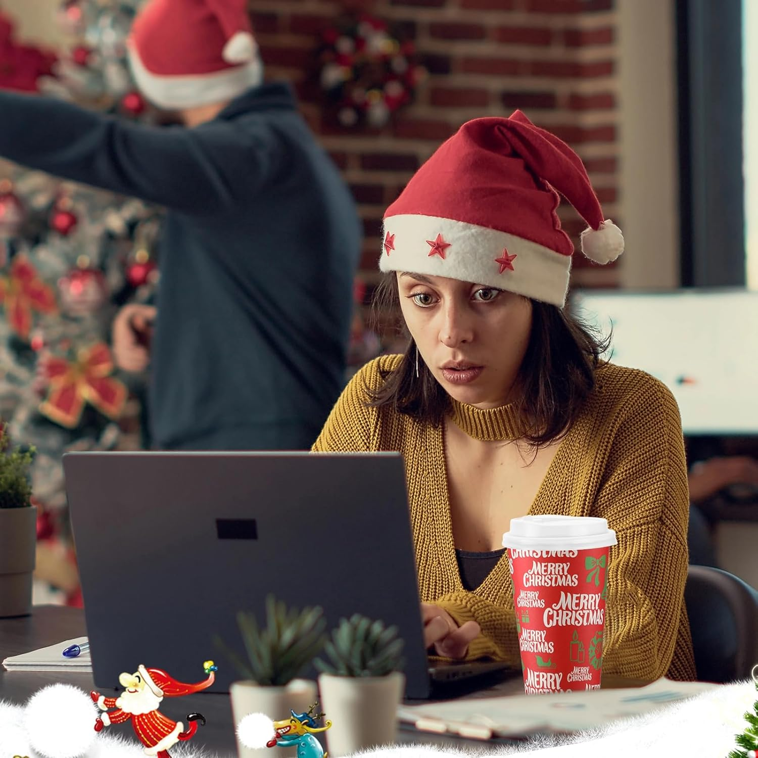 Zhehao 100 Pcs Christmas Paper Cups with Lids 16 Oz Disposable Hot Chocolate Cups Xmas Hot Cocoa Party Supplies for Coffee Tea Water Hot Cold Beverages image number 2