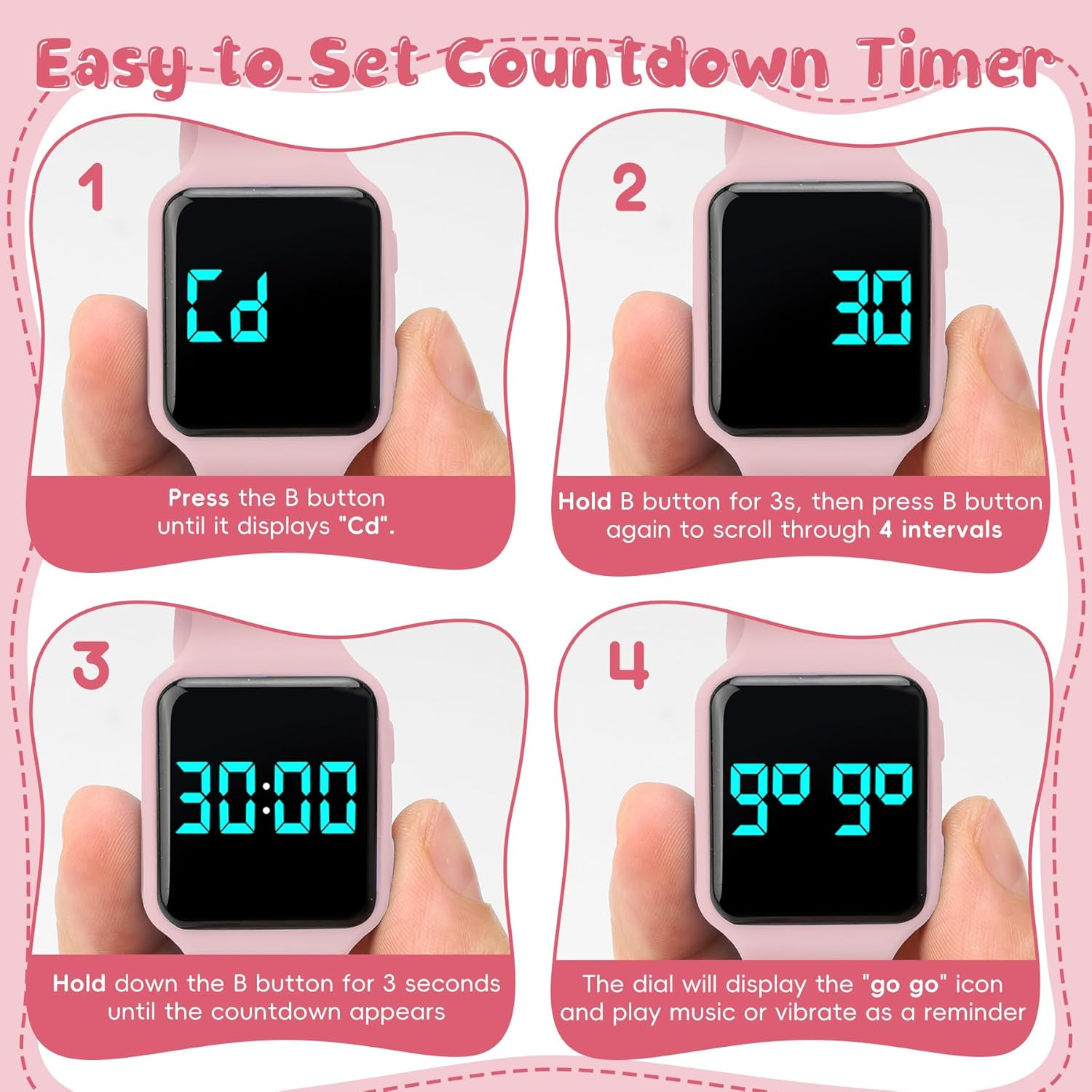 Potty Training Watch for Toddler with Countdown, Alarms, Music or Vibration Alerts - Waterproof Toddler Toilet Trainer for Boys & Girls Ages 2-9, Pink Flower - Apricot Butterfly image number 7
