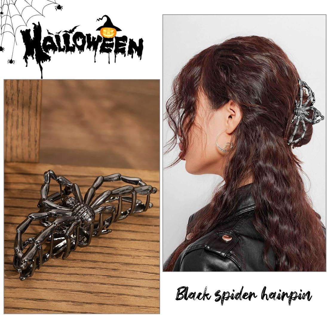 Pack of 3 Stylish Spider Web Metal Hair Clips, Halloween Accessories in Gothic and Y2K Style, Skeleton Hand Spider Web Design, Decorative Large Claw Clip for Everyday Use image number 5