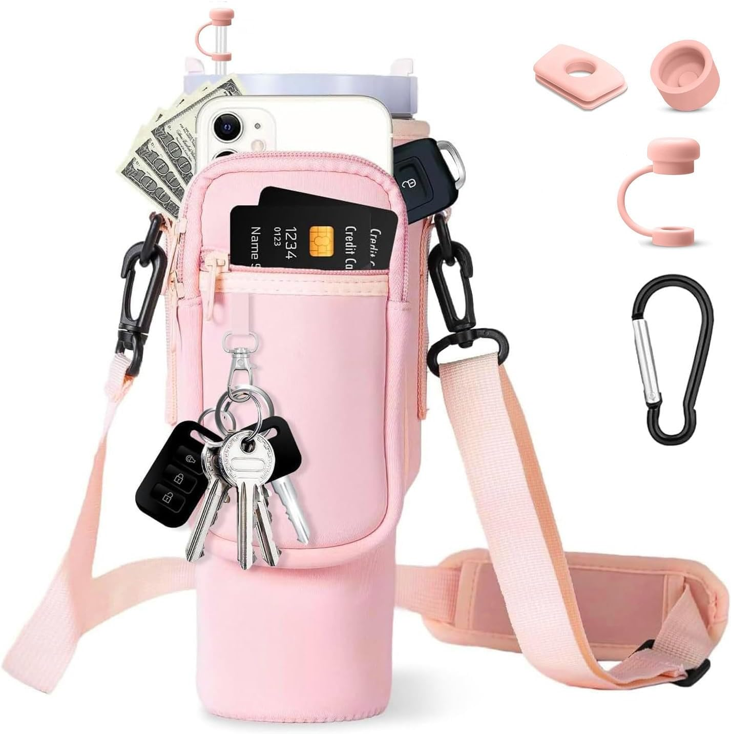 AIROLDI Bag for Stanley Cup 1.2 L / 40 Oz Stanley Cup Accessories, Water Bottle Carry Bag with Mobile Phone Pocket, Carabiner and Adjustable Shoulder Strap, for Travel, Hiking, Running, Cycling - Blue image number 7