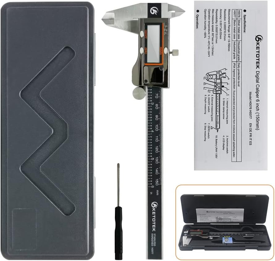 KETOTEK Digital Caliper Measuring Tool, IP54 Waterproof Stainless Steel Electronic Vernier Caliper 6 Inch/150Mm Digital Micrometer with Large LCD Screen image number 1