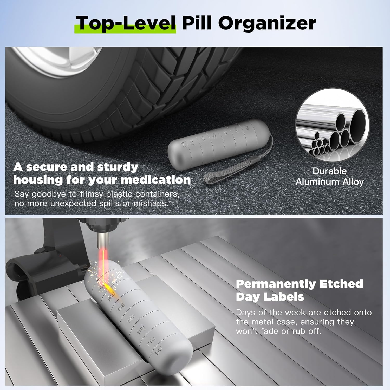 Zannaki Metal Moisture Proof Weekly Pill Organizer, Stackable Aluminum Alloy BPA Free Travel Hiking 7 Day Pill Box Case Waterproof and Large Compartment to Hold Pills, Vitamins, Fish Oil, Supplements image number 6