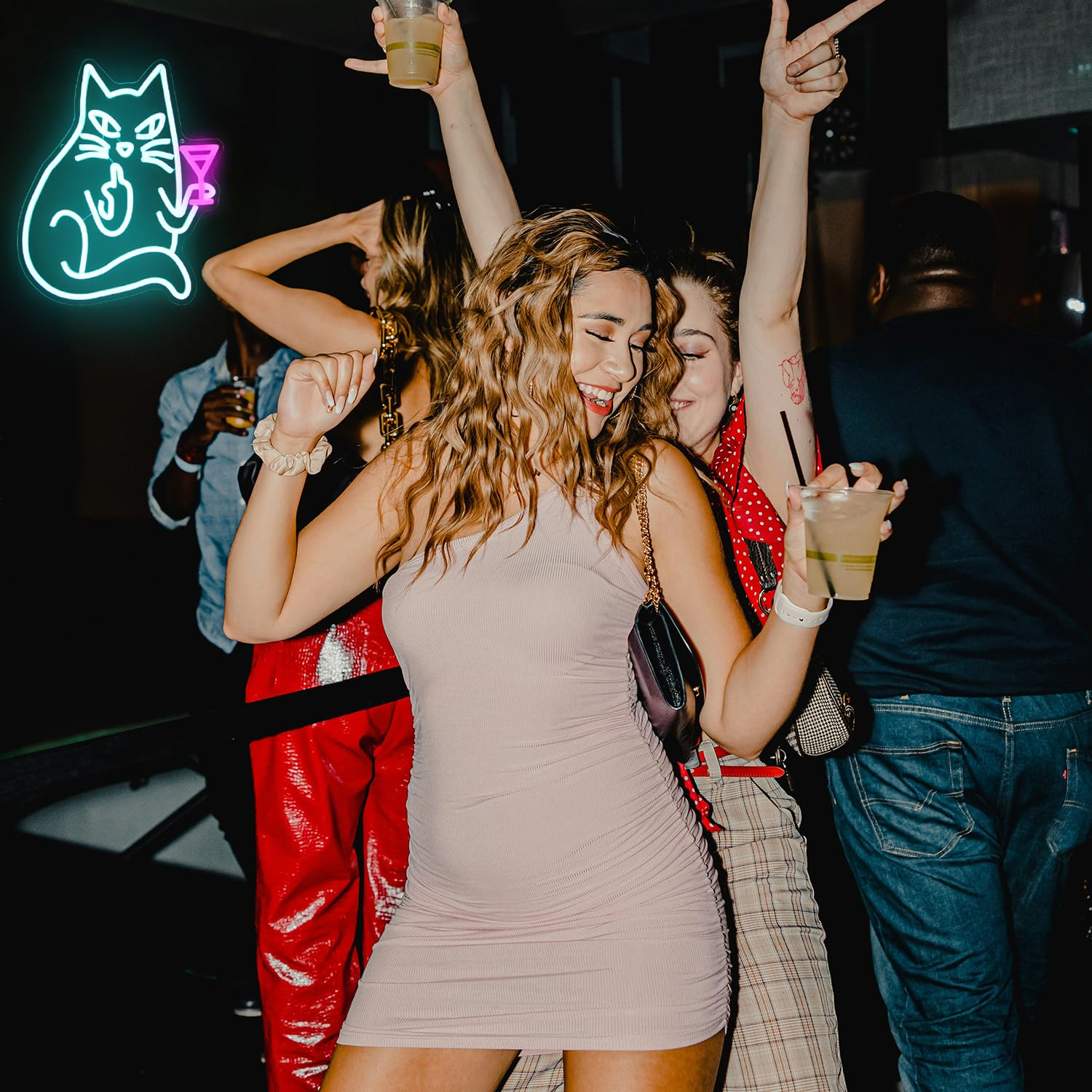 CKTBLEY Cat Drink Wine Neon Sign Funny Animal Bar Neon Signs for Wall Decor Cool Cat Neon Light Blue Pink Acrylic LED Neon Lights Signs for Bedroom Bar Man Cave Game Room Party Decor - Blue Pink image number 4