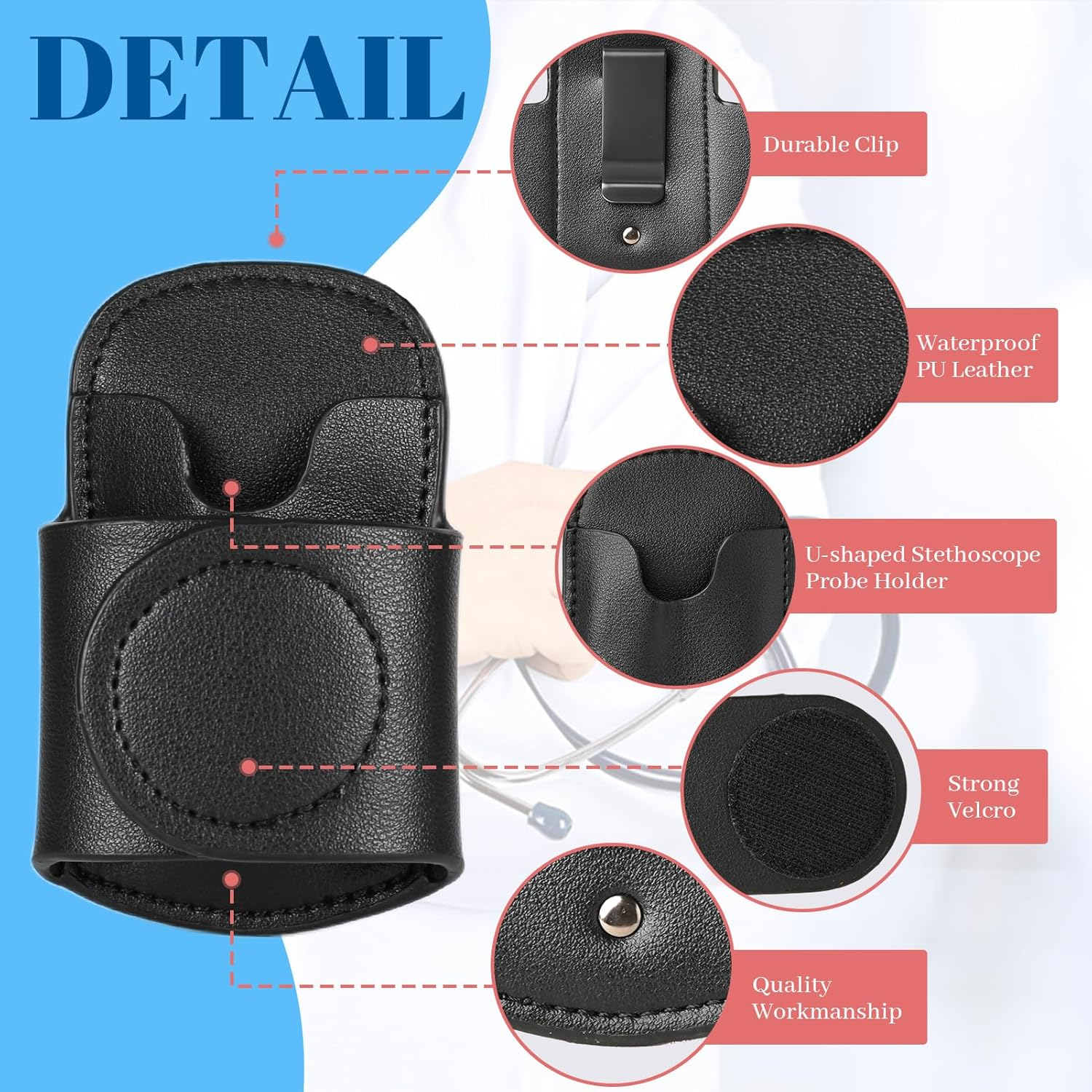 Leather Stethoscope Holder Hip Clip 2025 Black PU Leather Lightweight Universal Clip-On Stethoscope Hip Holder for Physicians Nurses Portable Medical Equipment Holder for Physicians Doctor Nurses image number 4