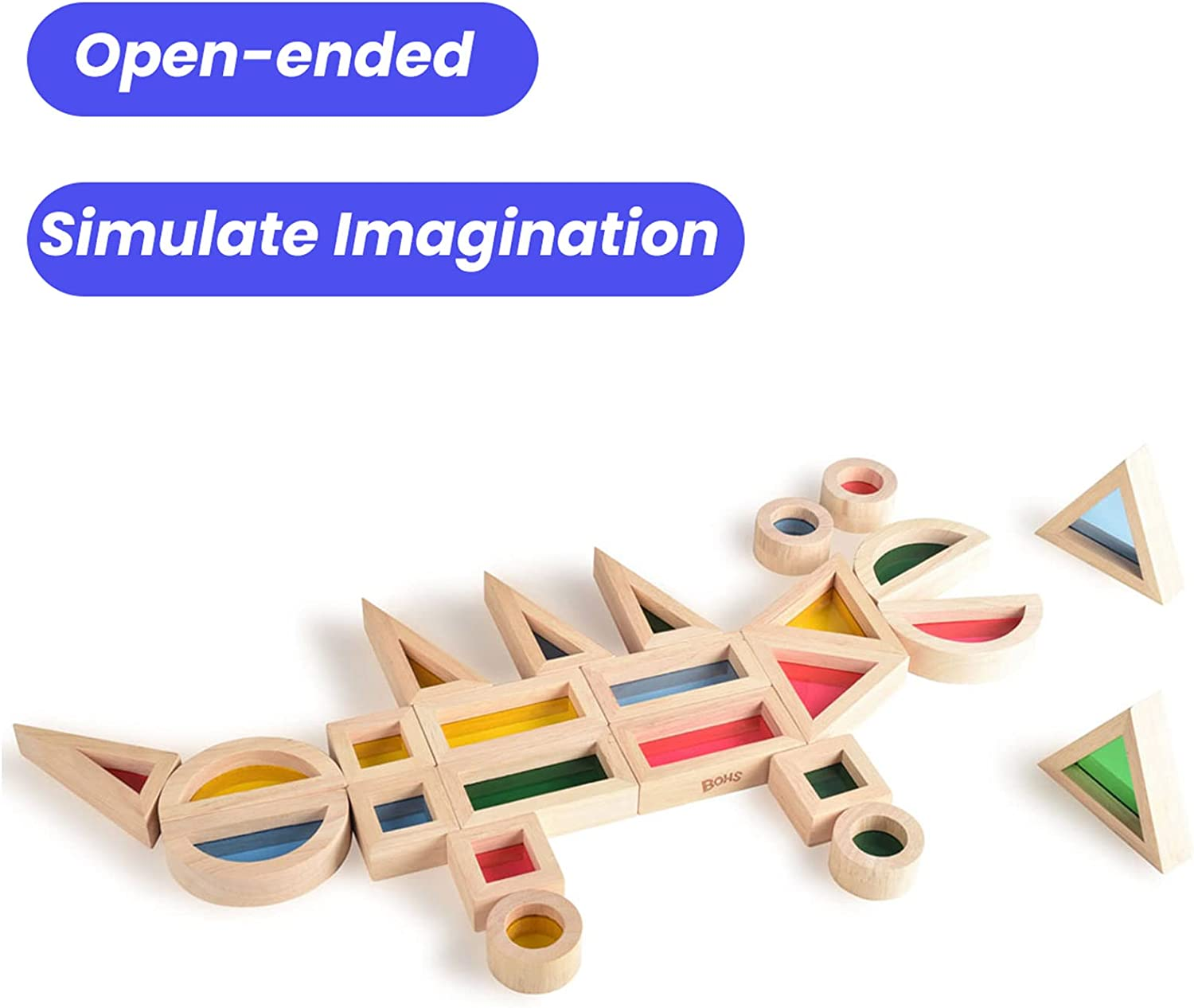 BOHS Rainbow Acrylic Blocks (24 Pcs) - Wooden Toys for Toddlers- Play on Light Table/Sunny Window