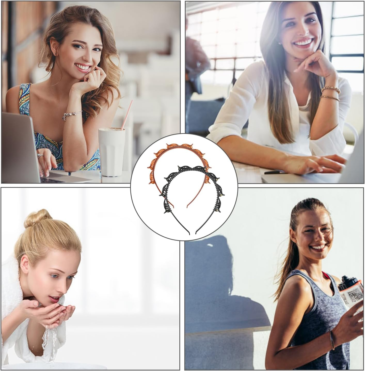 Amexo 4 Pieces Headband with Clips, Double Bangs Hairstyle Hairpin Clip Headband Twister Headbands for Women Girls (Black, Brown) image number 1