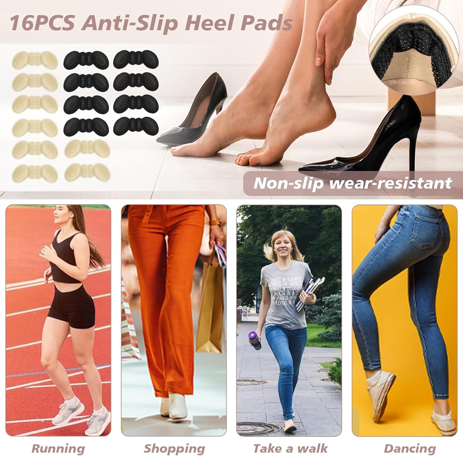 Heel Pads for Shoes - Anti-Slip Heel Grips for Women & Men, Soft 5D Wing Cushion Liner Inserts &ndash; Stops Heel Slip, Blisters, Improved Fit for Loose Shoes &ndash; Comfortable Sponge Protectors (16PCS)