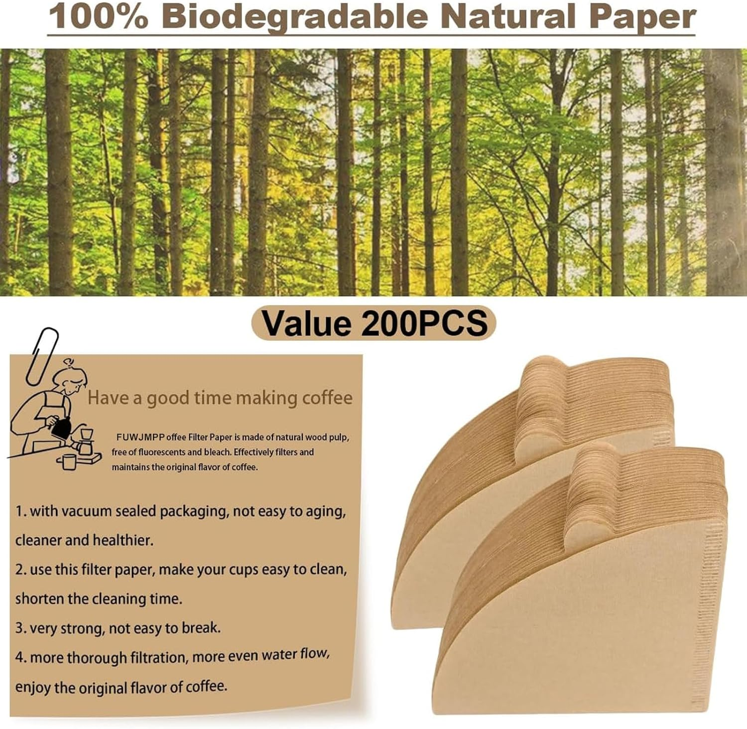 Natural Coffee Filters Paper-200 Count, Size 02 Unbleached Cone Coffee Filters, Disposable Natural Paper Filters 2-4 Cup, 02 Cone for Pour over and Drip Coffee Maker image number 1