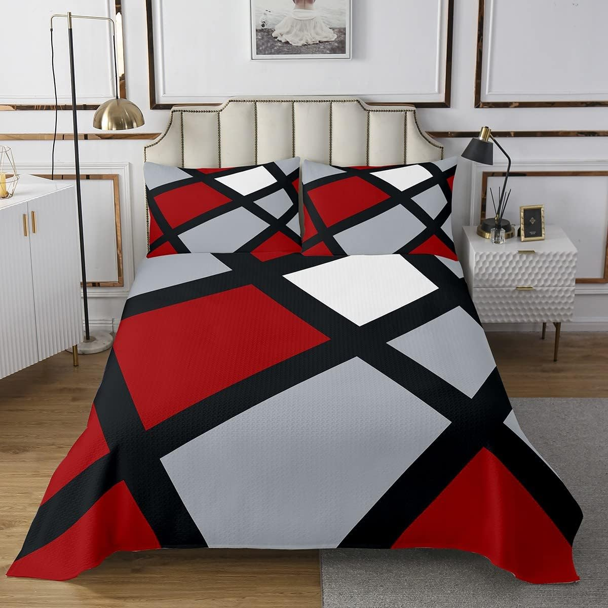 Red Grey Black Plaid Bedspread Quilt, 3D Abstract Geometric Bed Linen for All Season Bedroom, Black Stripes Lines 240 X 220 Cm Duvet Set with 2 Pillowcases for Boys Girls image number 2