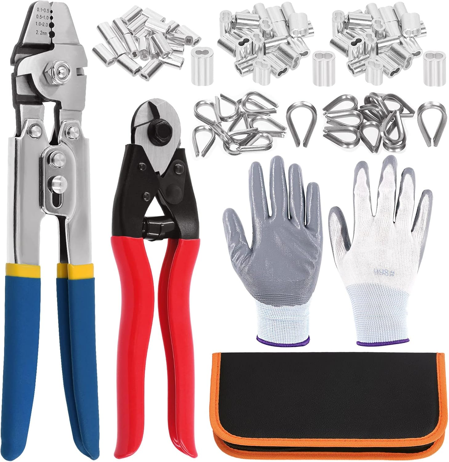 Swpeet 83Pcs Wire Rope Crimping Tool Set, Cable Crimps up to 2.2Mm and Cable Cutter up to 5/32", 3 Size Aluminum Double Crimping Loop Sleeve, 2 Size Stainless Steel Thimble and Cut Resistant Gloves