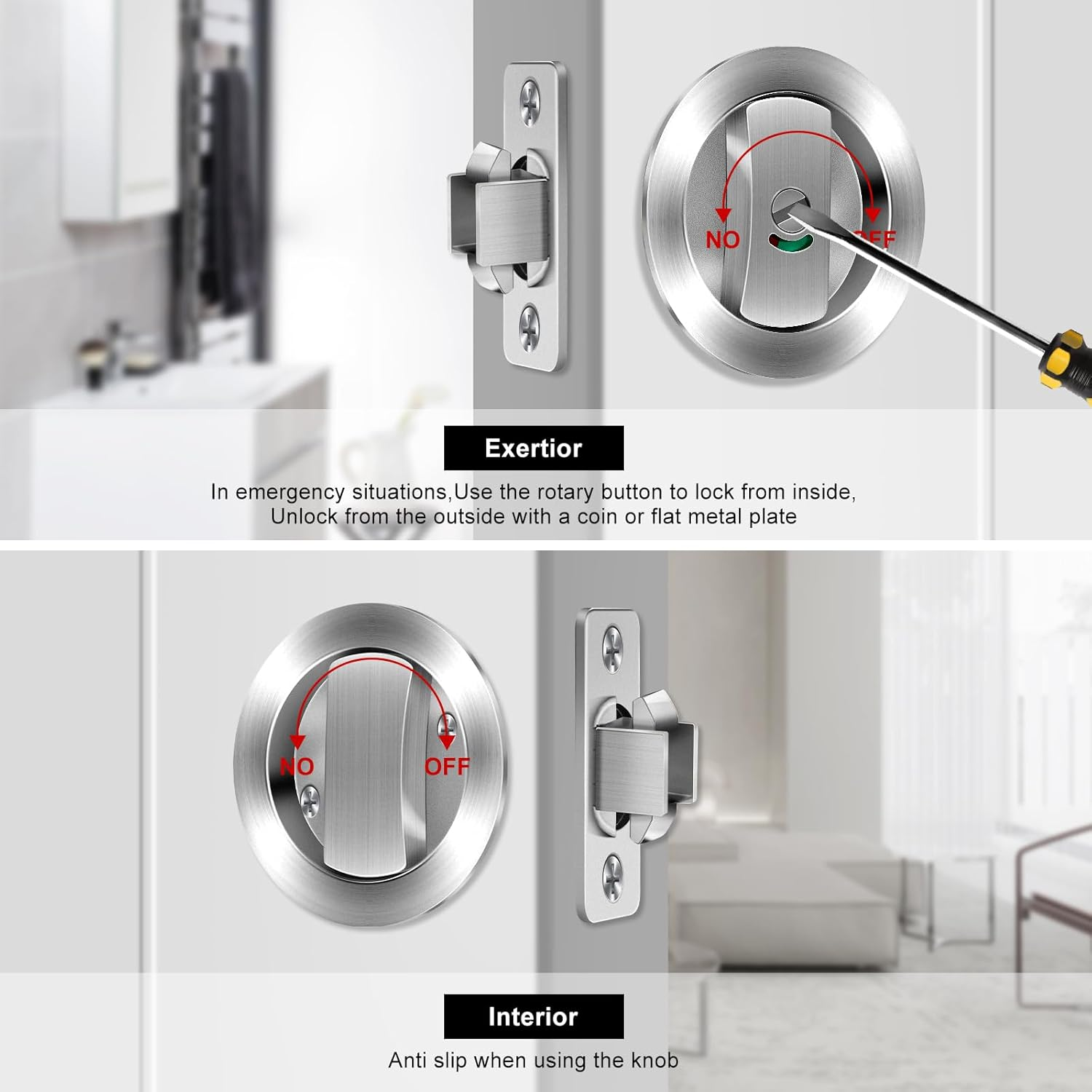 Round Pocket Door Lock Set Thickened Zinc Alloy Sliding Pocket Door Lock Hardware Kit Brushed Silver Pocket Doors Latch for Bathroom Sliding Doors (Ritz Silver (Round Double Hook)) image number 6