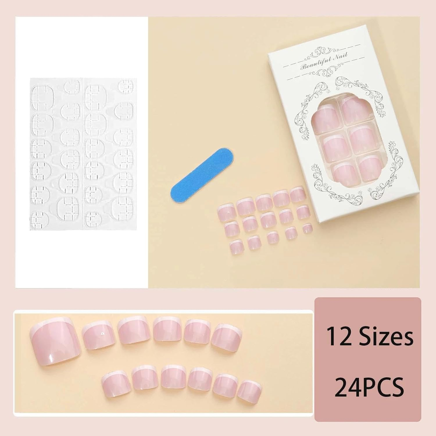 Short French False Toe Nails - Nude Finish with Short Tips - Full Cover Toe Nail Extensions - Stick-On Artificial Toenails for Long-Lasting Glamour image number 5