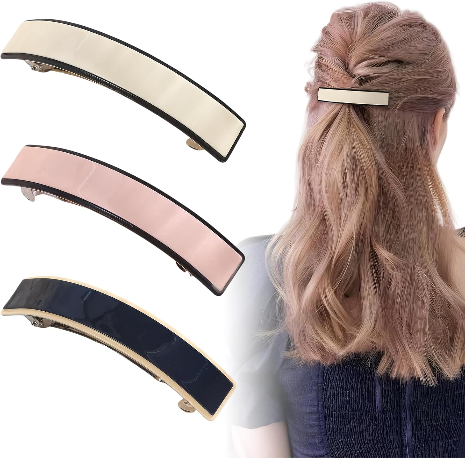 Pack of 3 French Hair Clips for Women, Automatic Large Classic, French Stylish Hair Clip, for Fine Hair and Medium Thick Hair (Pink, White, Black)